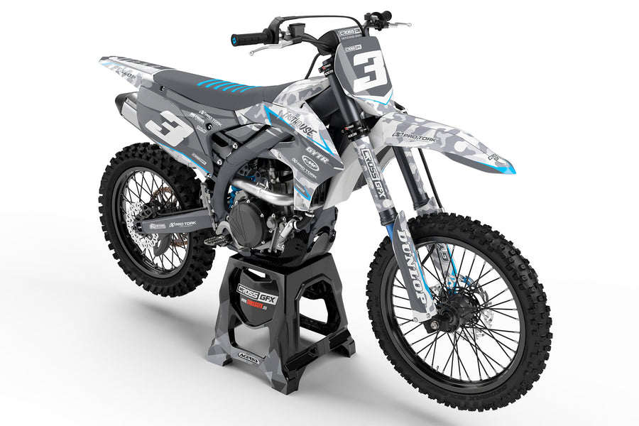 Front view of the Apache Blue motocross graphics kit on a Yamaha dirt bike.