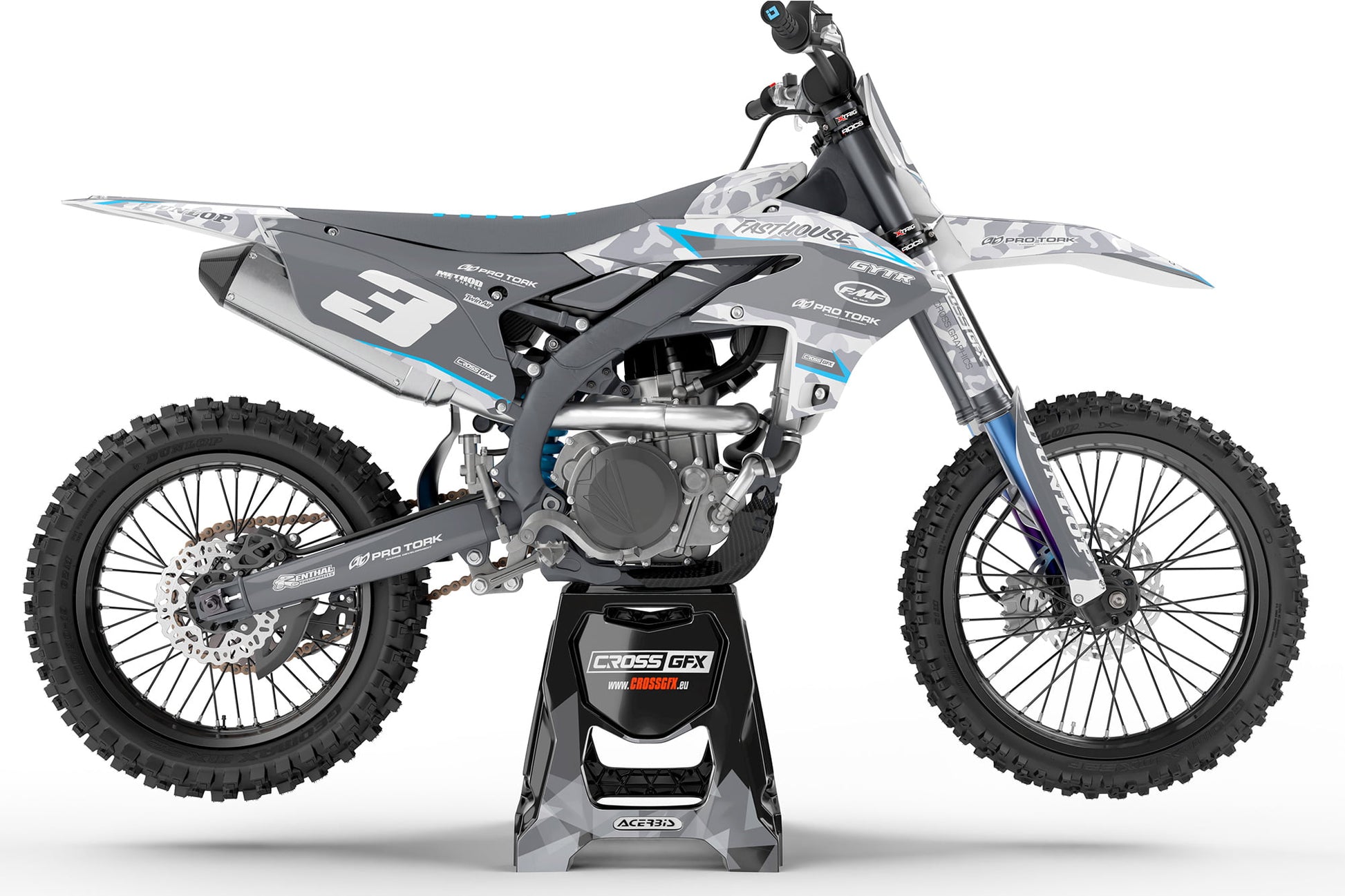 Side view of the Apache Blue off-road decal kit on a Yamaha motorcycle.
