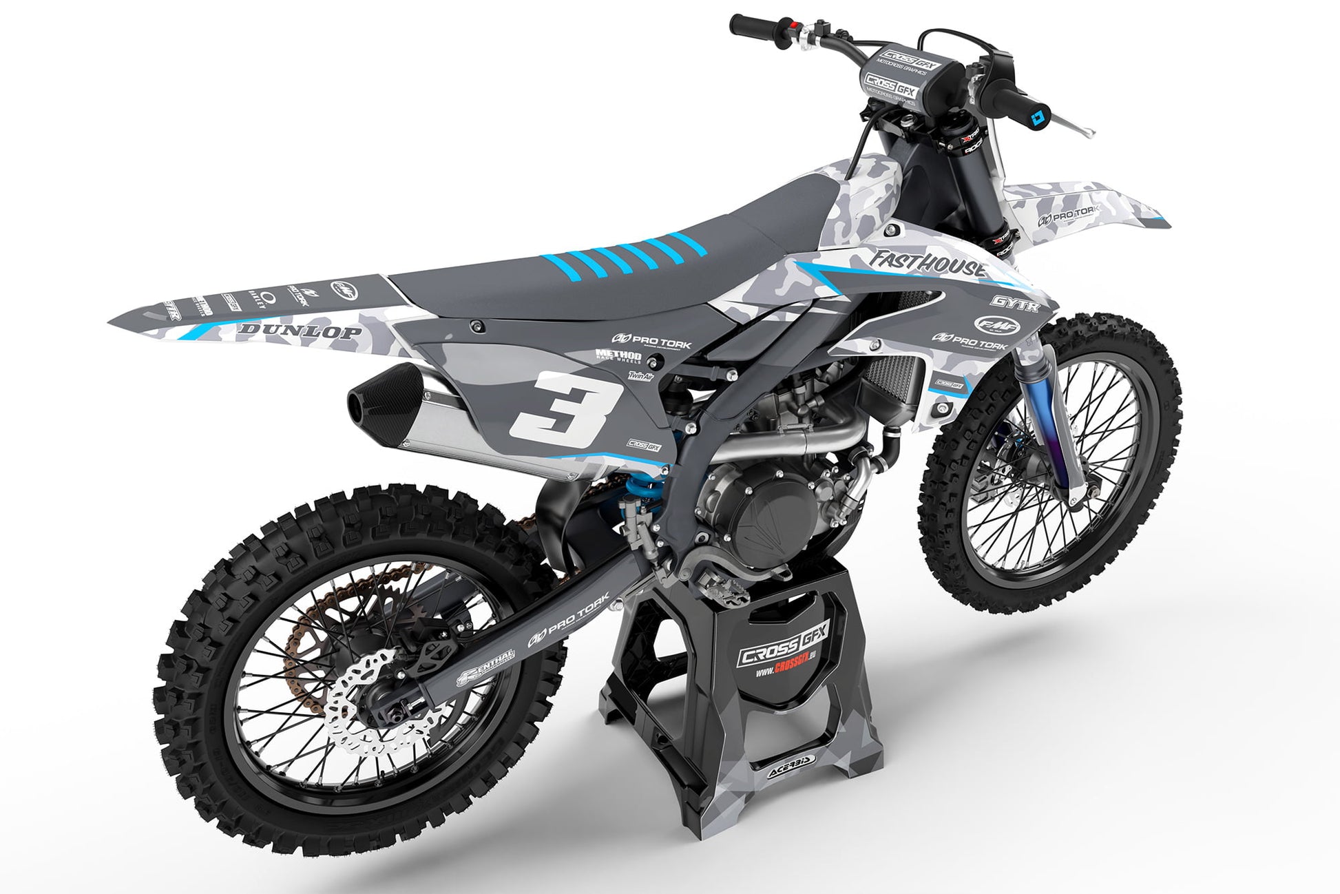 Rear tail view of the Apache Blue racing graphics kit on a Yamaha dirt bike.