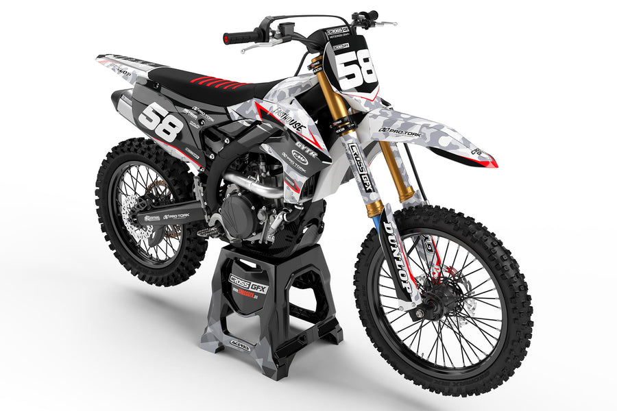 Front view of the Apache Grey motocross graphics kit on a Yamaha dirt bike.
