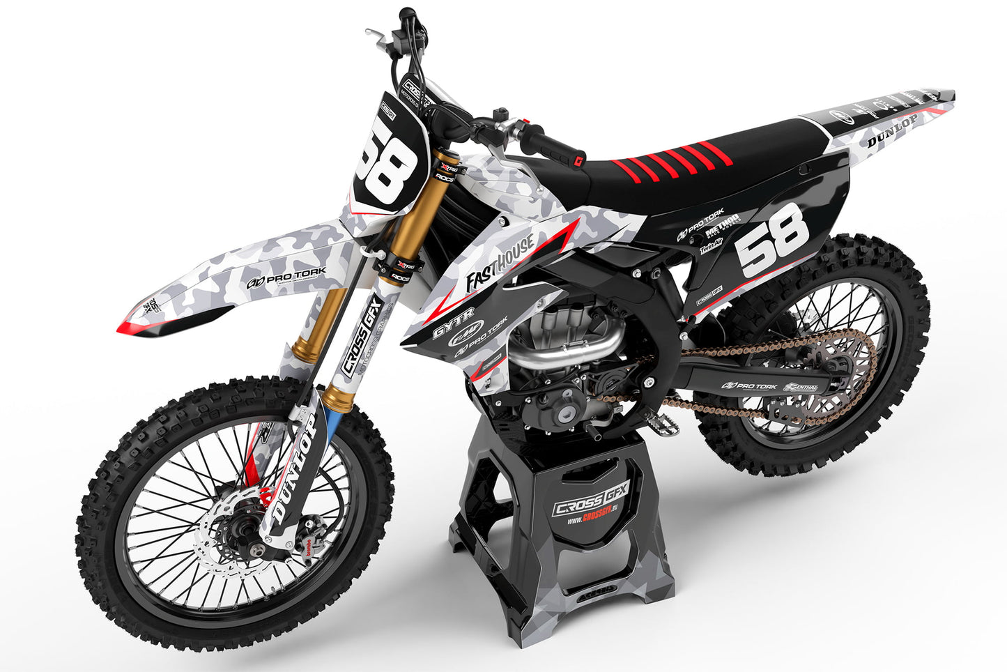 Left side view of the Apache Grey off-road decal kit on a Yamaha motorcycle.