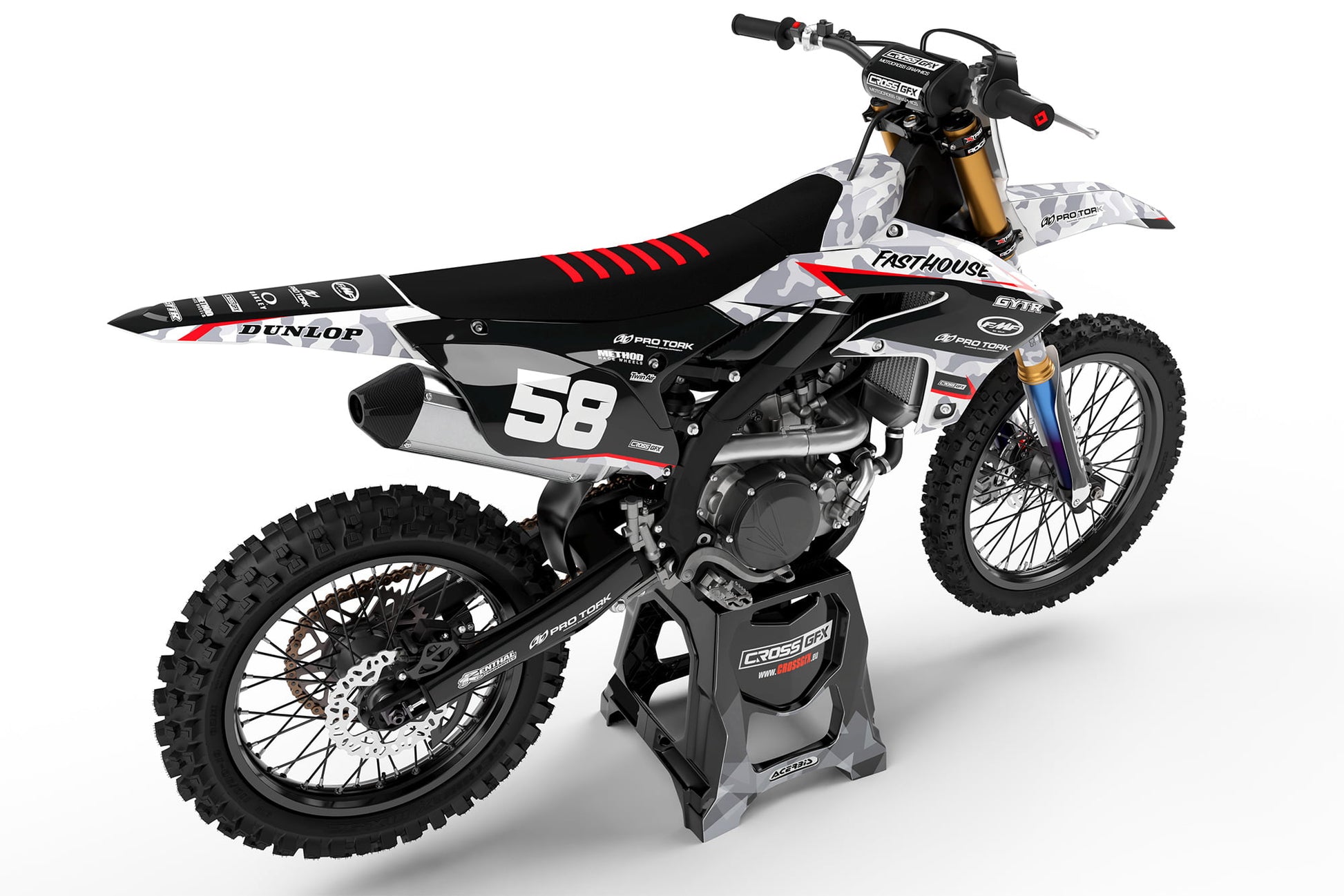 Rear view of the Apache Grey racing graphics kit on a Yamaha dirt bike.