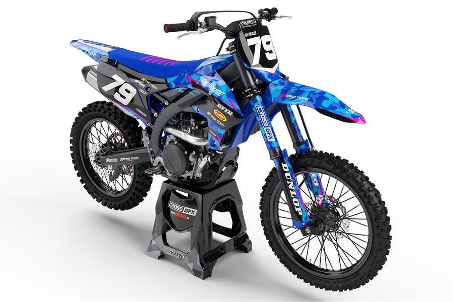 Front view of the Apache Pink motocross graphics kit on a Yamaha dirt bike.