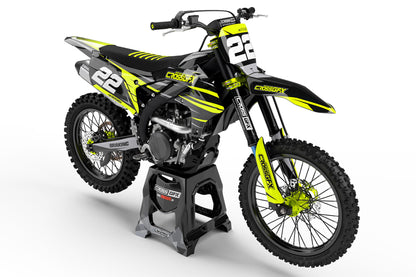 Front view of the Apex Fluorescent motocross graphics kit on a Yamaha dirt bike.