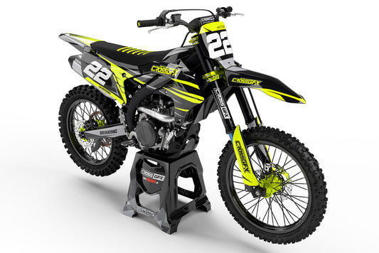 Front view of the Apex Fluorescent motocross graphics kit on a Yamaha dirt bike.