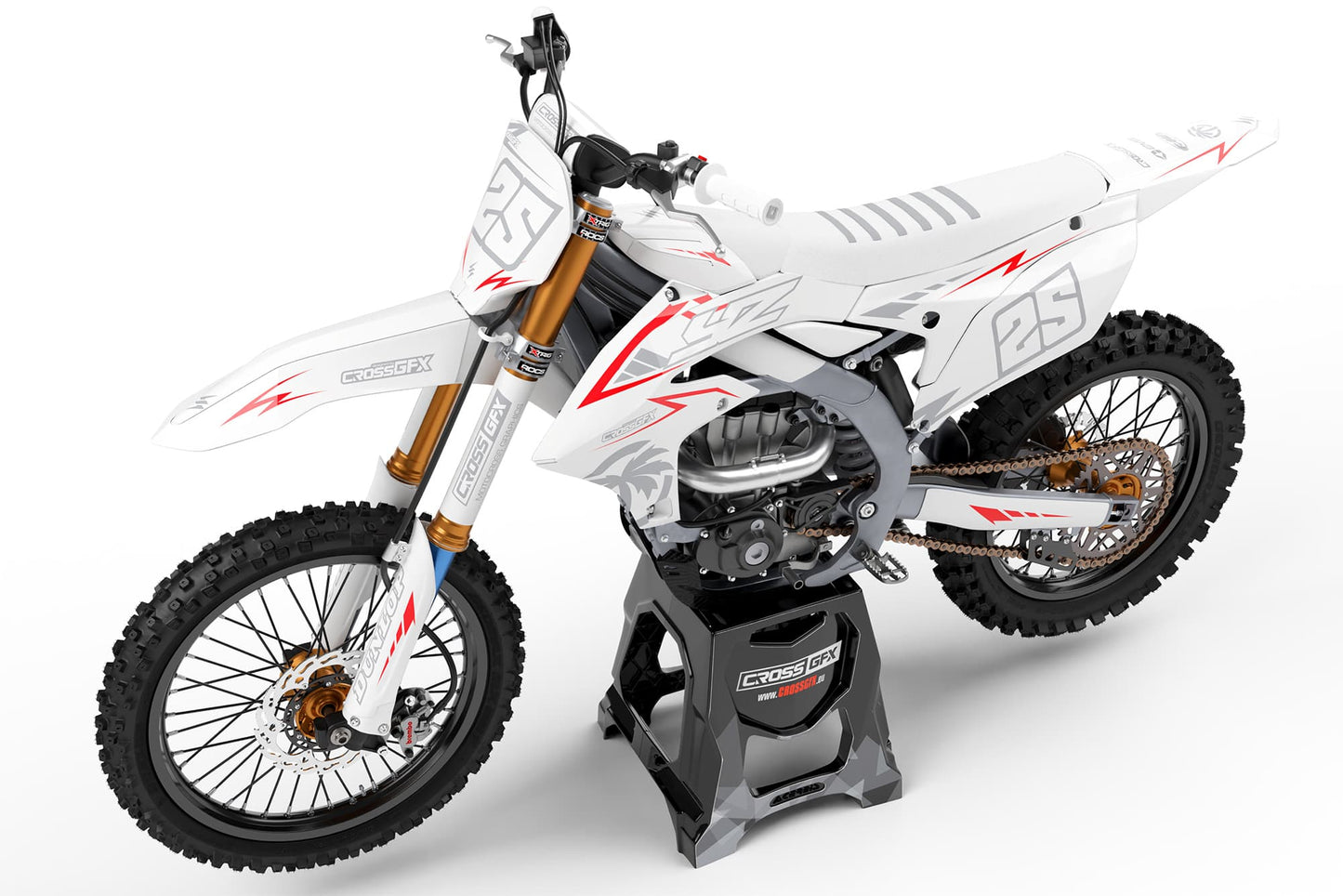 Left side view of the Stroke White racing graphics kit on a Yamaha dirt bike.