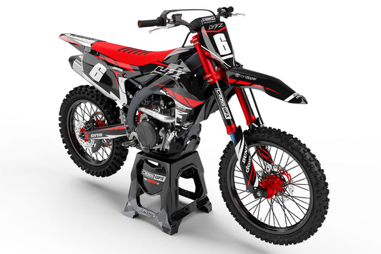 Front view of the Proline Red motocross graphics kit on a Yamaha dirt bike.