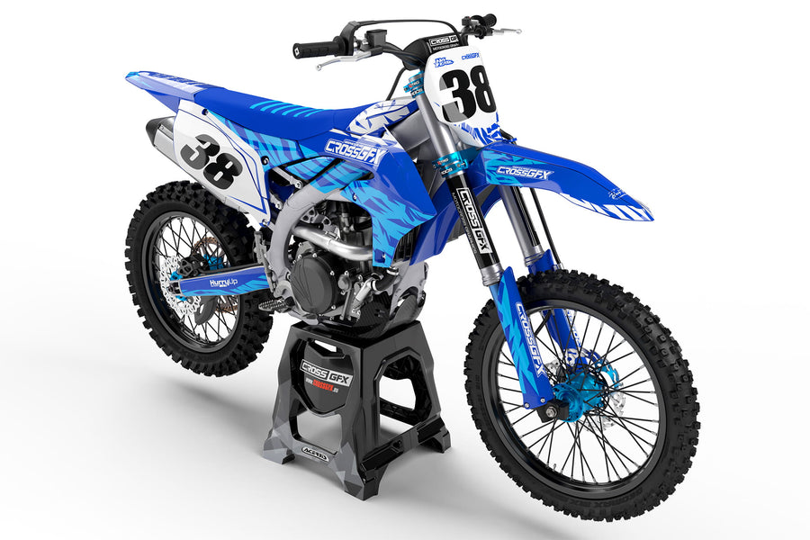 Front view of the Element Blue motocross graphics kit on a Yamaha dirt bike.