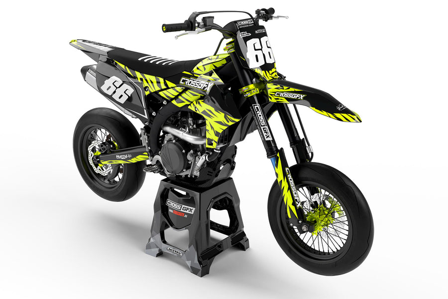Front view of the Element Fluorescent motocross graphics kit on a Yamaha dirt bike.