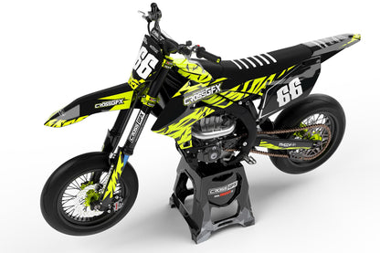 Side view of the Element Fluorescent racing graphics kit on a Yamaha dirt bike.