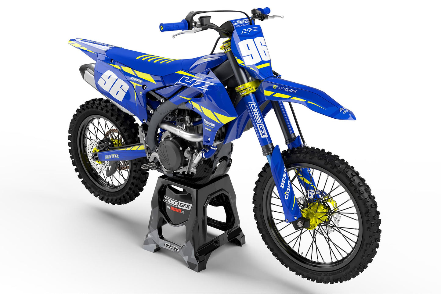 Front view of the Proline Blue motocross graphics kit on a Yamaha dirt bike.