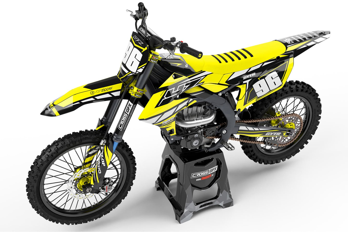 Left side view of the Proline Yellow racing graphics kit on a Yamaha dirt bike.