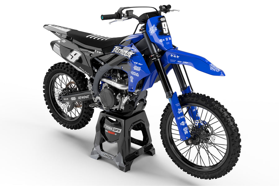 Front view of the Savage Blue motocross graphics kit on a Yamaha dirt bike.