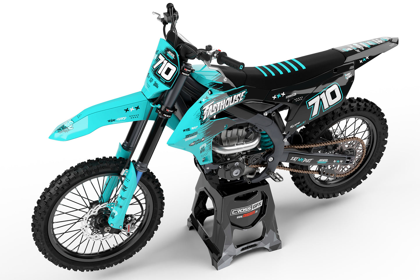 Left view of the Savage Teal off-road decal kit on a Yamaha motorcycle.