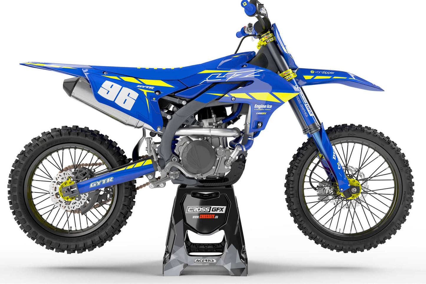 Right side view of the Proline Blue off-road decal kit on a Yamaha.