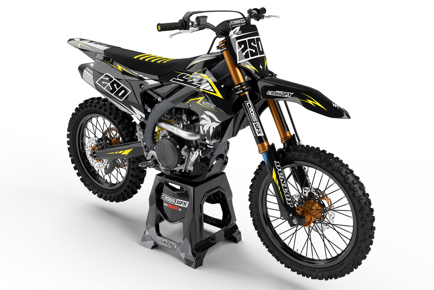 Front view of the Stroke Black motocross graphics kit on a Yamaha dirt bike.